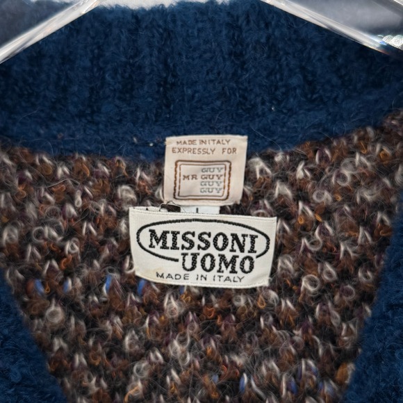 MISSONI UOMO Vintage 80s Cardigan Sweater Coat Mens Large Brown Blue Funnel Neck - Picture 12 of 16